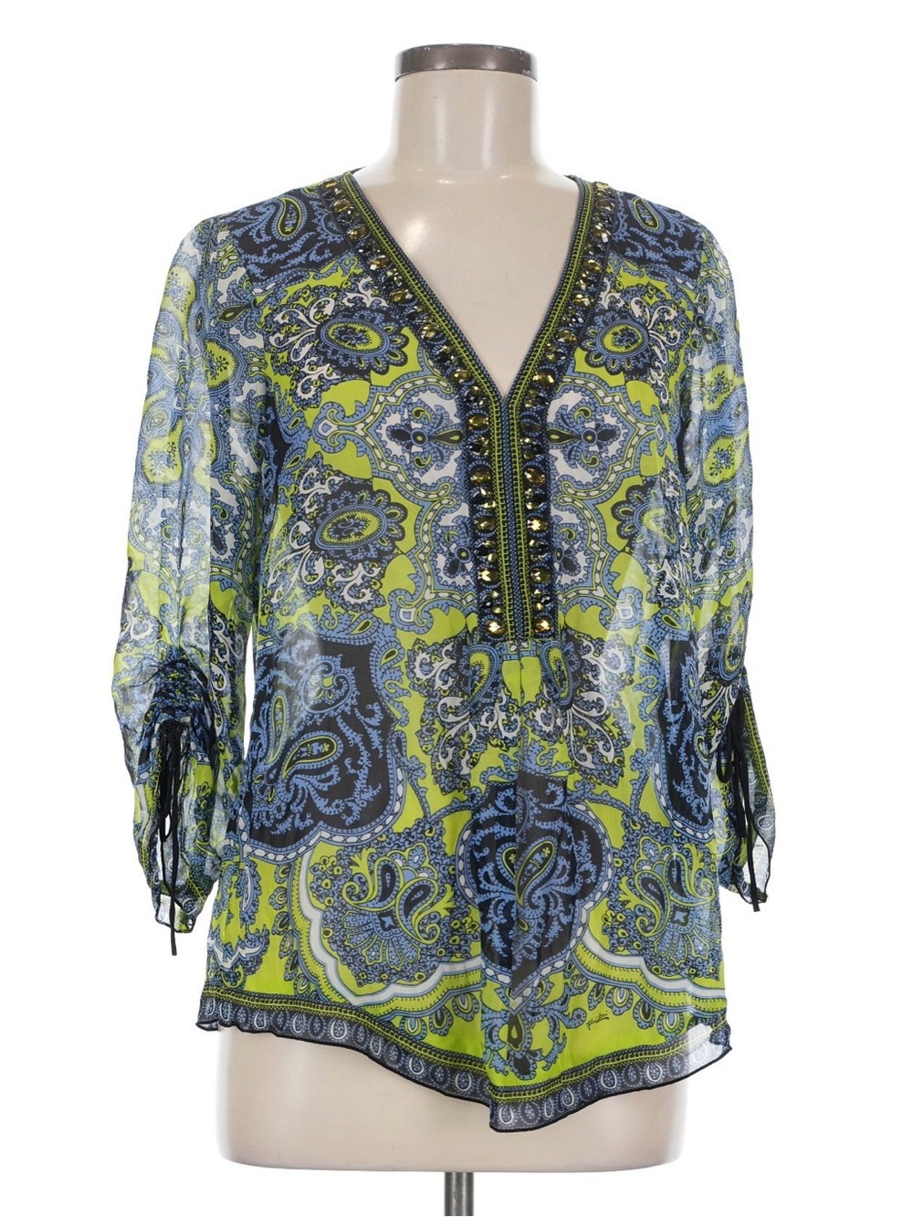 Hale Bob Women Silk Top Blouse Size M Beaded Embellished Paisley Artsy Boho Chic